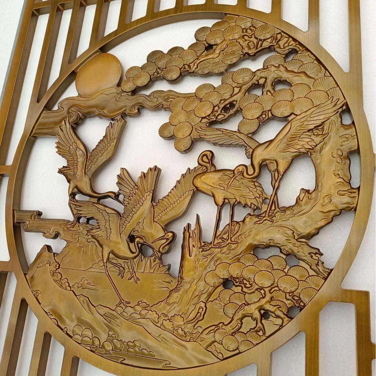 合屏风仿铜松鹤图雕花客厅办公室中家式用铝金入户玄XZS-060-关屏