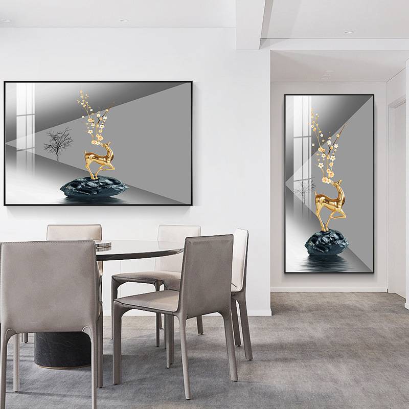 轻奢餐厅装饰画麋鹿蓝色抽象歺厅挂画现代简约横幅饭厅餐厅画壁画图片