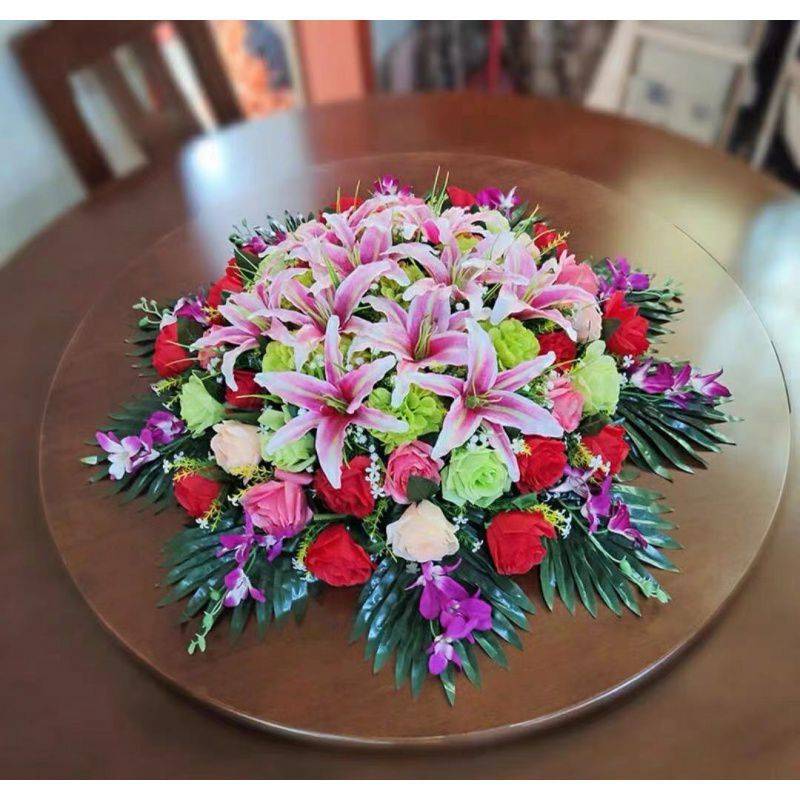 酒店大圆桌中间摆花饭店餐桌花绢花圆桌装饰花餐桌摆台花圆桌花艺
