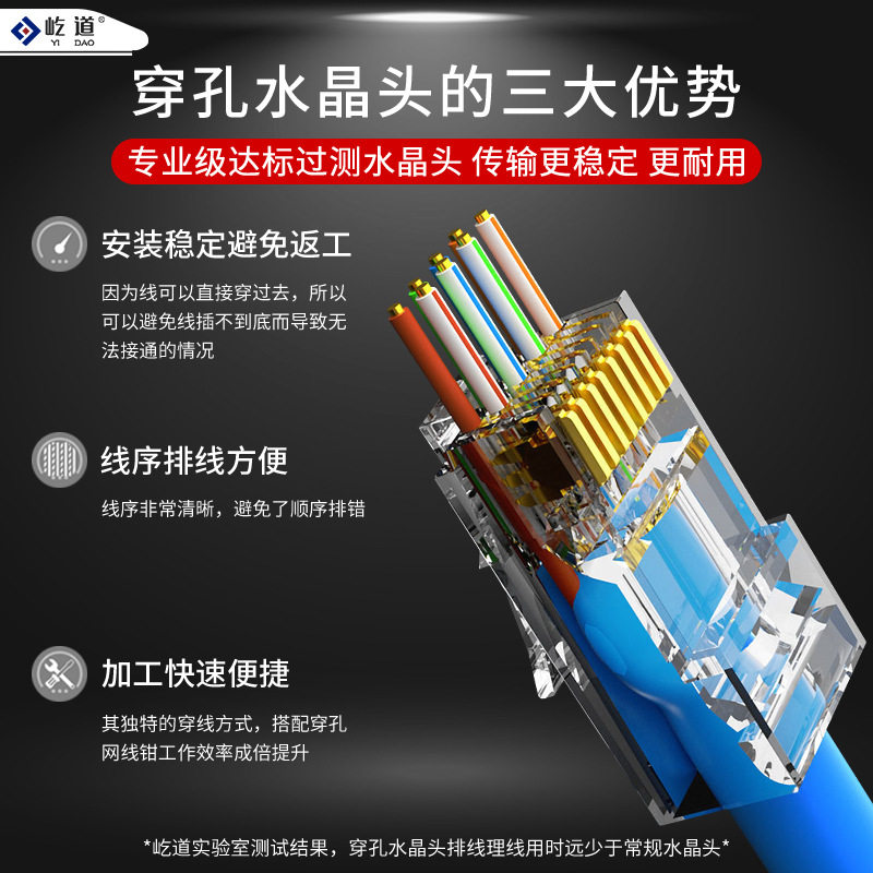 通孔式超五六七类网线水晶头穿孔PC金属屏蔽穿透头RJ网络监控