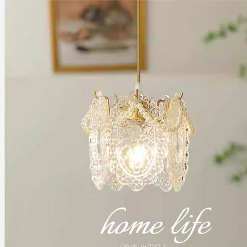 法式650卧床室头吊灯古水晶玻复璃餐厅小吊灯羽毛单头吊线关过玄