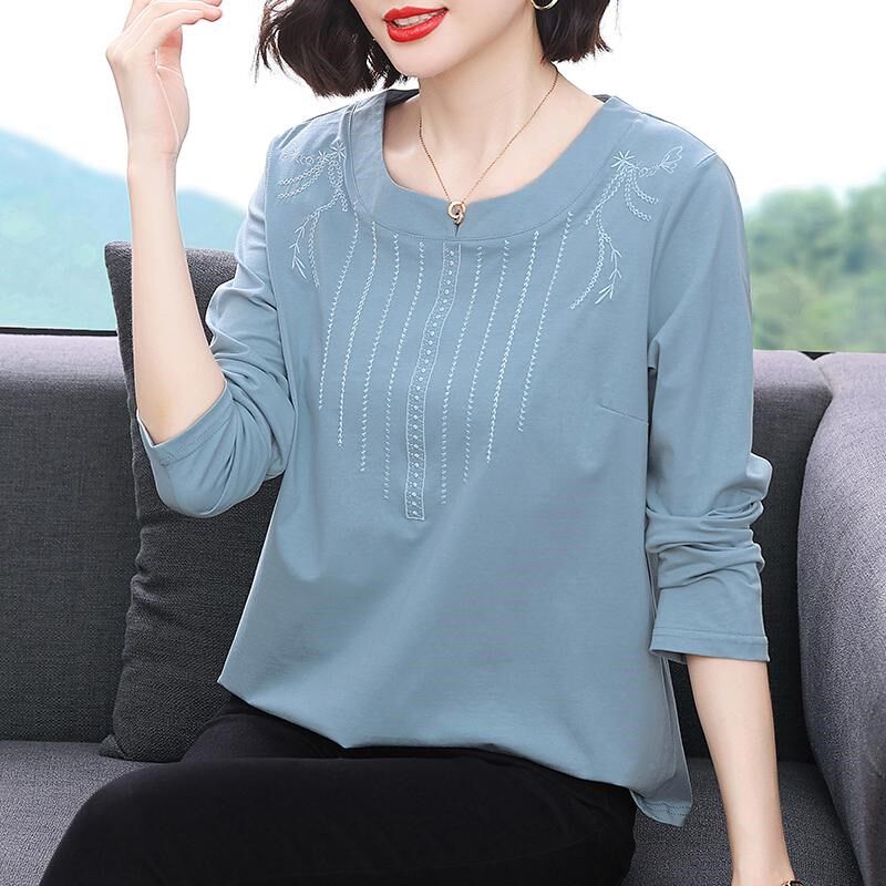 纯棉长袖T恤女秋装新款中老年人妈妈宽松上衣休闲外穿秋衣打底衫