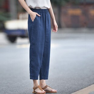 子女小个子夏季 休闲显瘦萝卜裤 穿搭八分裤 棉麻七分裤 薄款 全亚麻裤