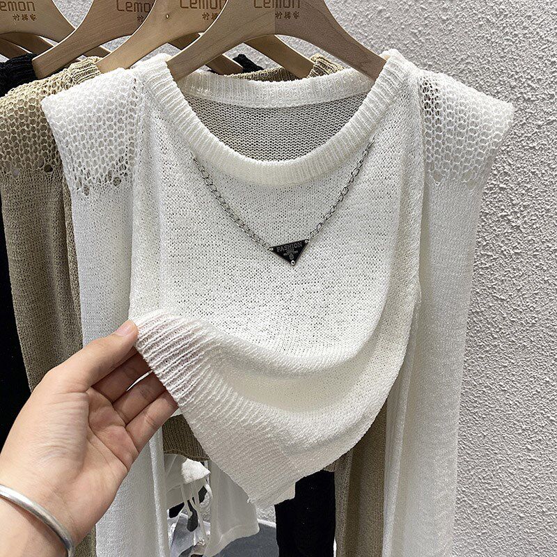 2024早秋针织衫薄款女长袖设计感小众洋气链条短款打底衫T恤上衣