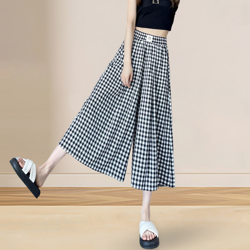 黑白格子裤女夏季薄款小个子七分裤2024新款直筒休闲阔腿八分裙裤