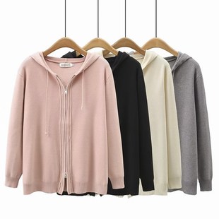 时尚 外套200斤胖mm秋季 宽松连帽上衣 针织开衫 双向拉链毛衣女大码