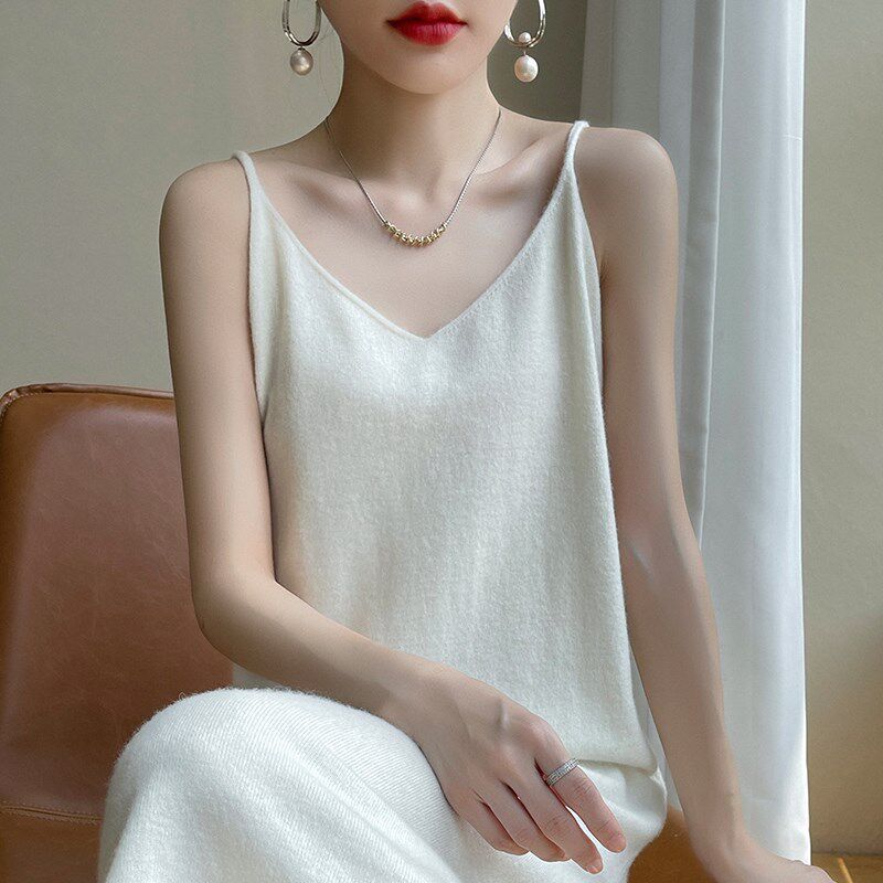 秋冬羊绒针织吊带连衣裙女V领过膝长款无袖打底毛衣裙宽松显瘦潮