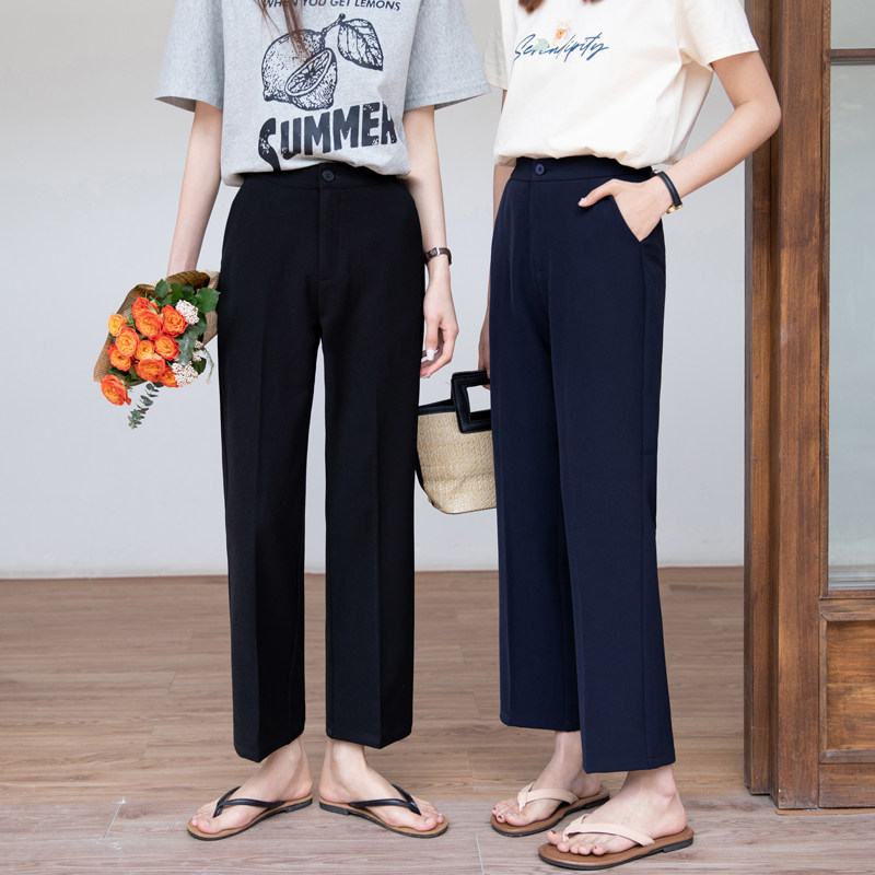 夏季薄款直筒裤女韩版高腰窄版阔腿裤垂感休闲九分裤休闲西装长裤