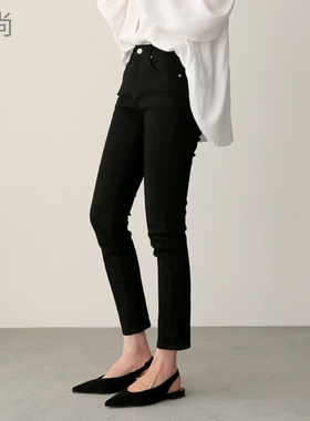 高腰直筒牛仔裤女九分韩国加绒弹力显瘦烟管八分小个子黑色基础款