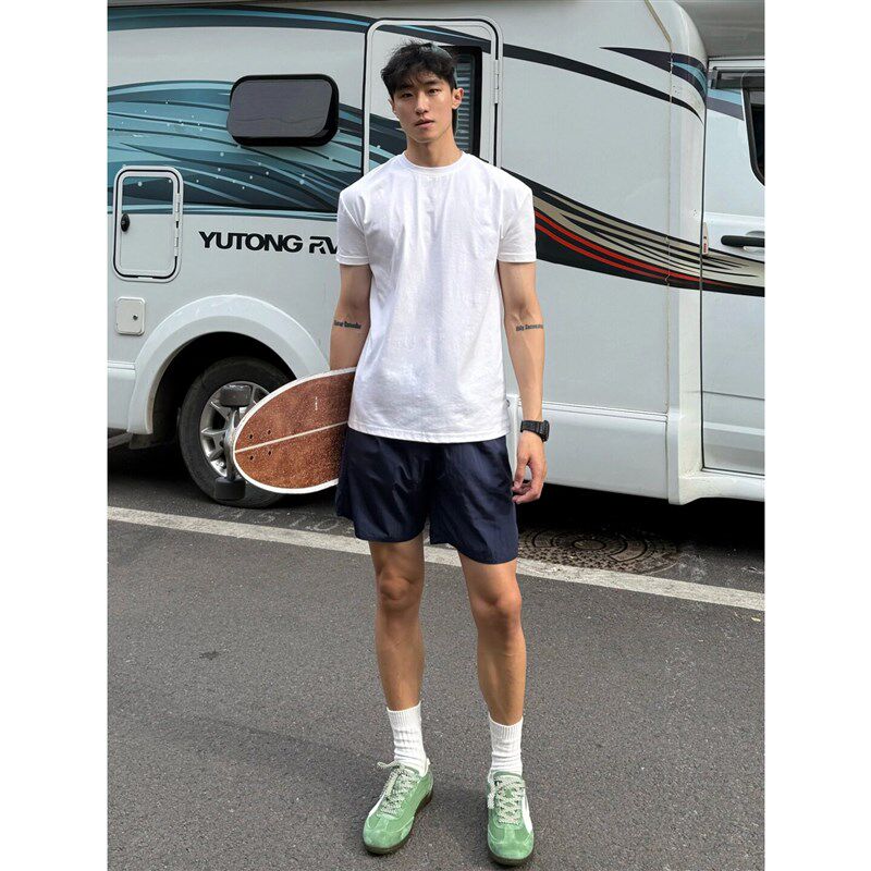 白色冰感正肩短袖T恤男生夏季新款防晒速干 干健身运动服打底衫男