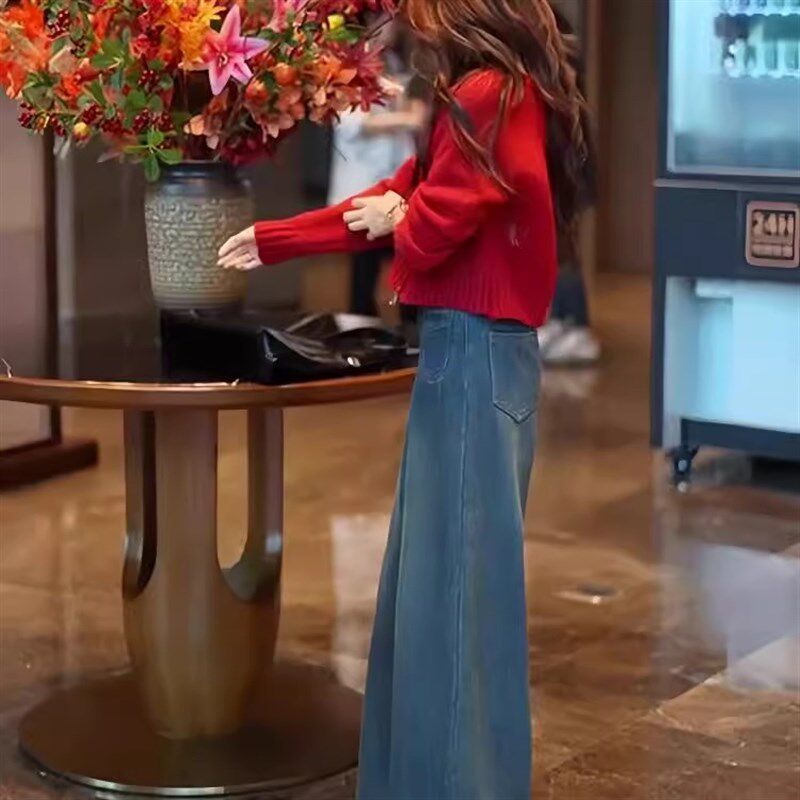 春季穿搭一整套时尚减龄松弛漂亮高级感毛衣阔腿牛仔裤两件套装女