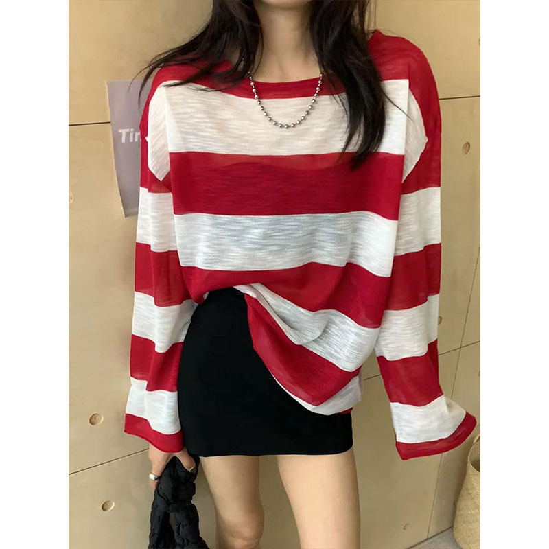 红色条纹薄款针织冰丝长袖T恤女夏季空调防晒衫韩系温柔罩衫上衣