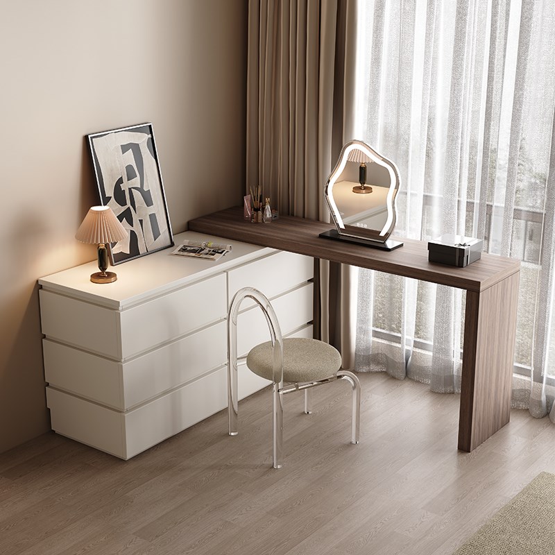 奶油风卧室梳妆台收纳柜简约斗柜组合一体R多功能转角化妆桌