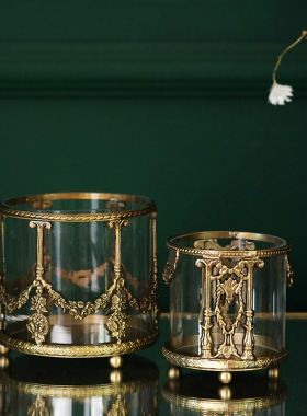 费灵家居欧式复古雕花黄铜玻璃收纳桶化妆刷笔筒桌面轻Z奢摆件进