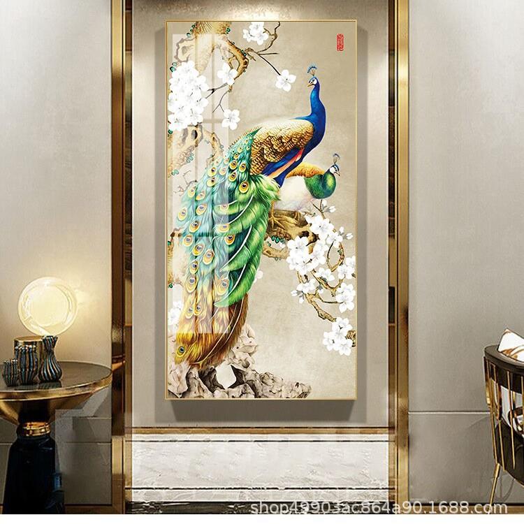 现代晶简约动物挂画酒店走钻镶钻HK孔雀石孔雀挂画玄关过廊道瓷壁