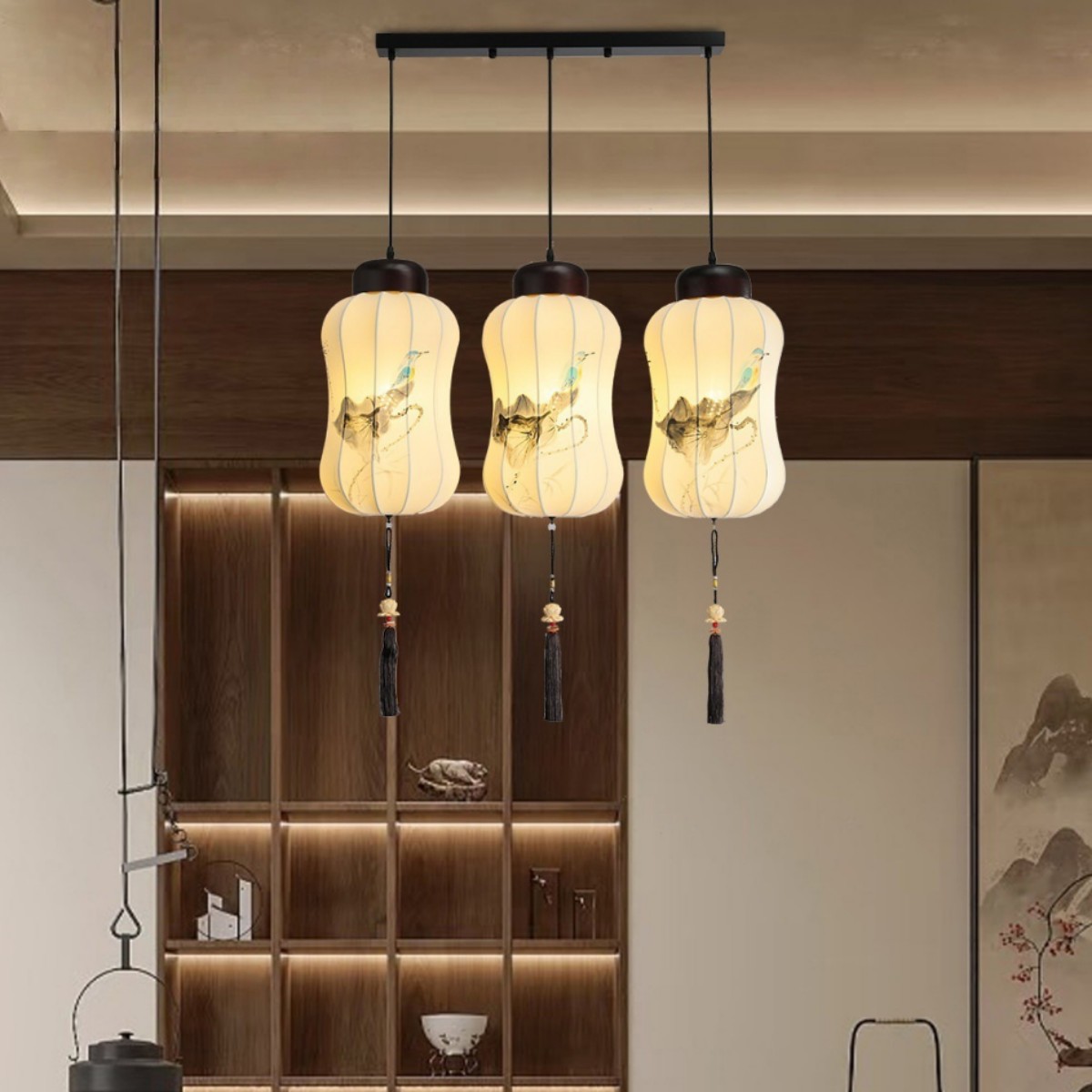 中古宋风三头木质布艺餐厅吊灯