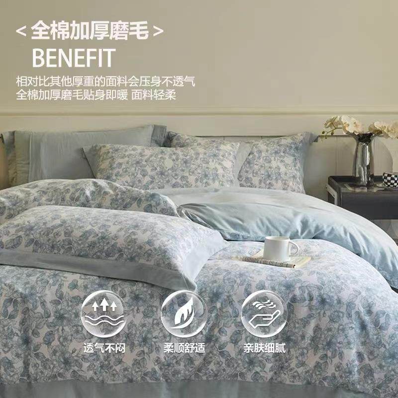 类母婴无品牌/秋冬加磨厚风纯棉毛四件套田园全棉床单被套保暖床