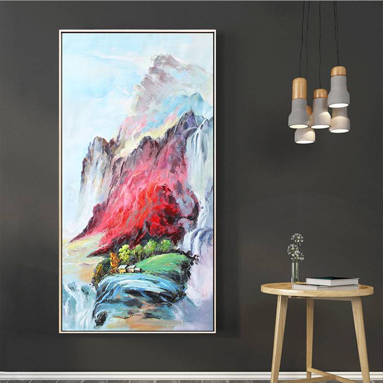 手绘风景油画简约客厅挂画走廊过道竖版壁画新中式入户玄关装饰画图片