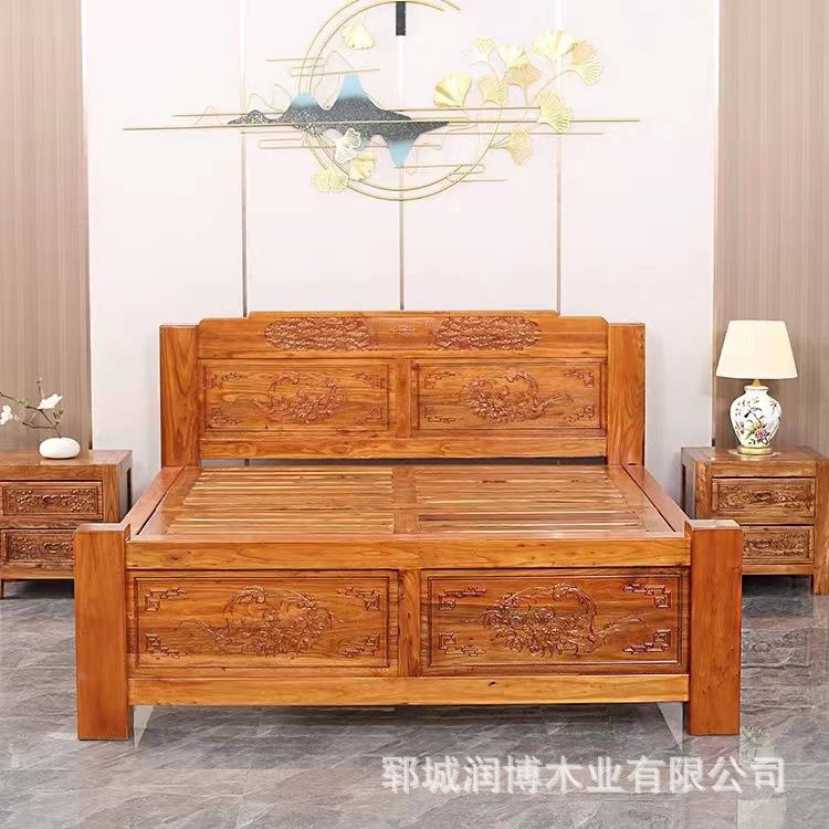 老榆床全木床做旧现代简约架子中式大木床床双人床卧榆木床室婚实