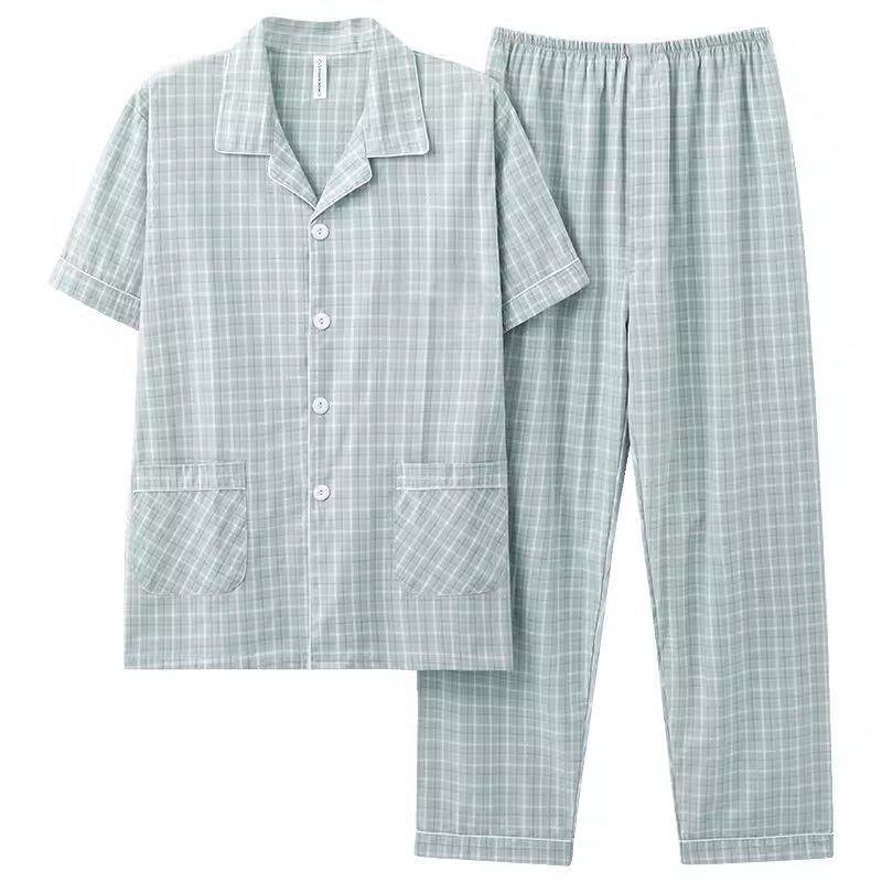 夏季梭织纯棉布短袖长裤睡衣套装薄款男士全棉家居服宽松有大码