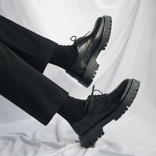 皮鞋男春季商务正装英伦风厚底潮流韩版帅气内增高黑色低帮马丁靴