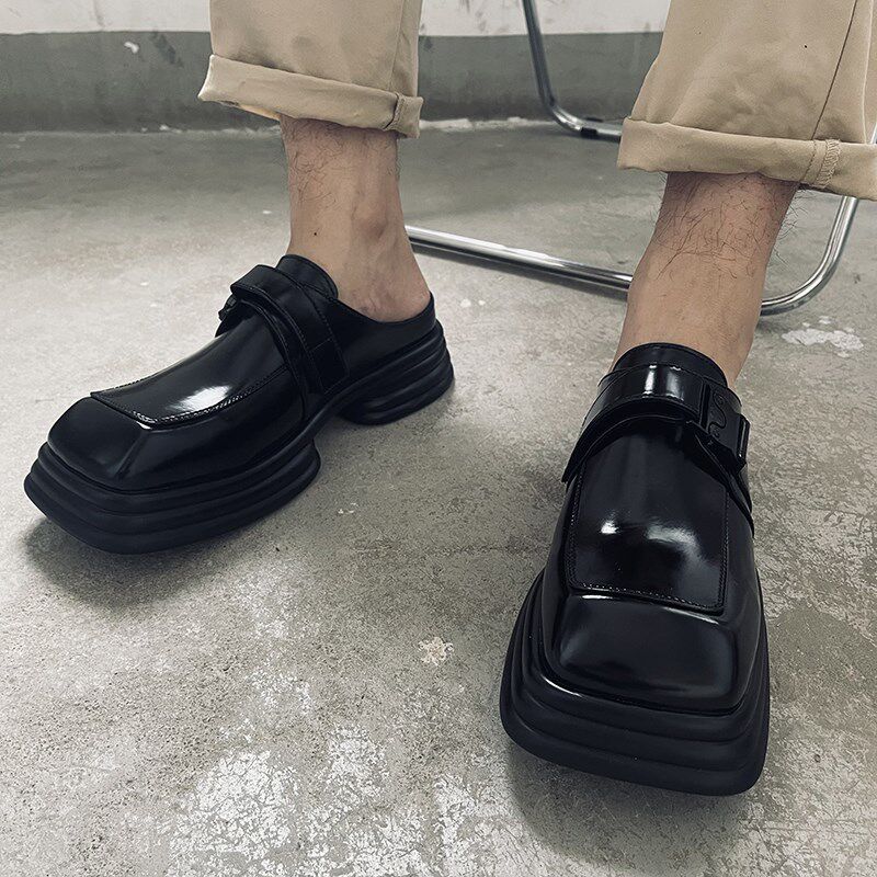 厚底增高包头皮鞋男无后跟松糕底个性方头夏季透气一脚蹬套脚亮皮