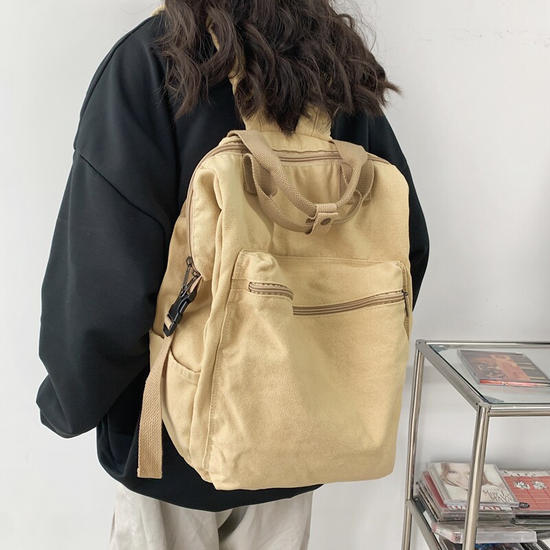 日系休闲纯色复古方形水洗帆布书包女学生港风大容量通勤双肩背包