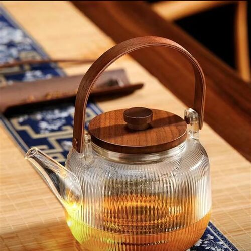 木提梁竖条纹煮茶玻璃壶耐高温茶具家用泡茶P壶可明火黑晶炉茶器