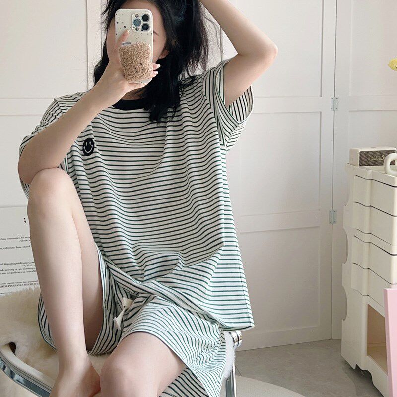 笑脸小标短袖短裤睡衣套装女夏薄款透气卡通条纹纯棉家居服两件套