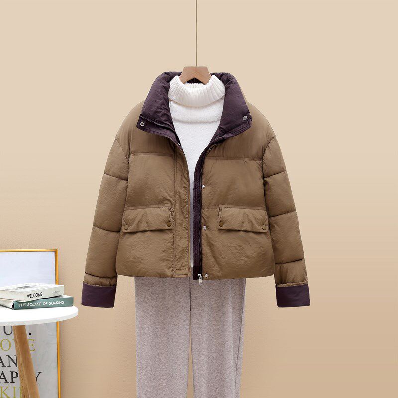 爆款2024冬季新款韩版羽绒棉服女短款拼色加厚面包服小个子外套