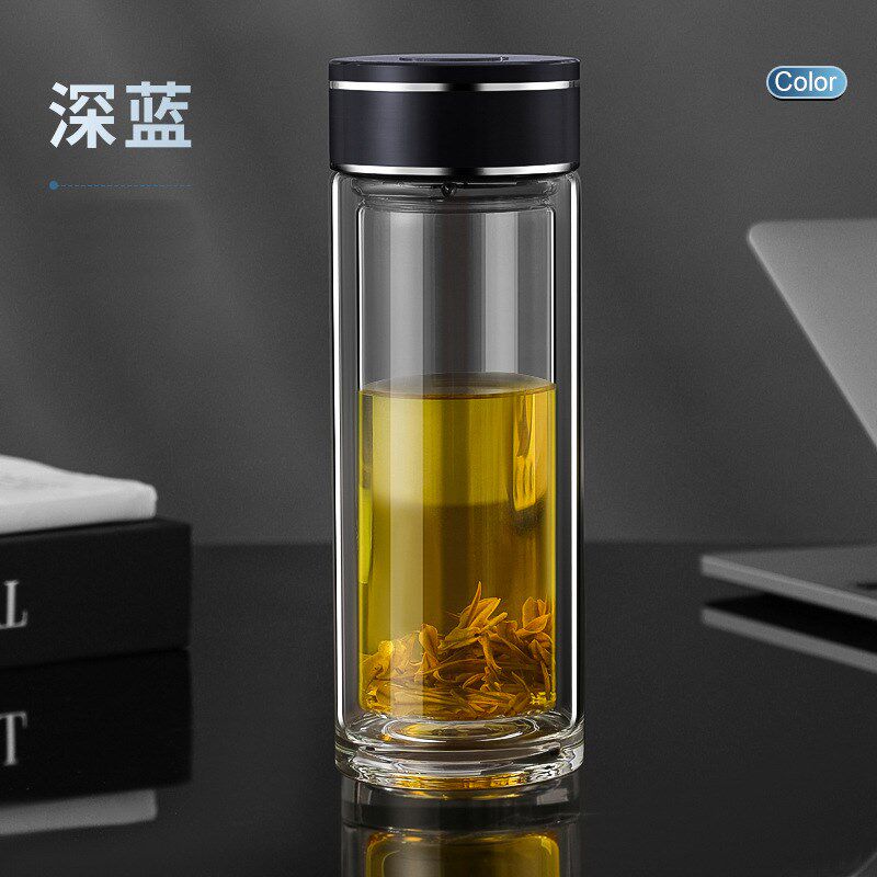 高硼硅玻璃耐热喝茶水杯带过滤办公双H层加厚隔热男士商务透明茶