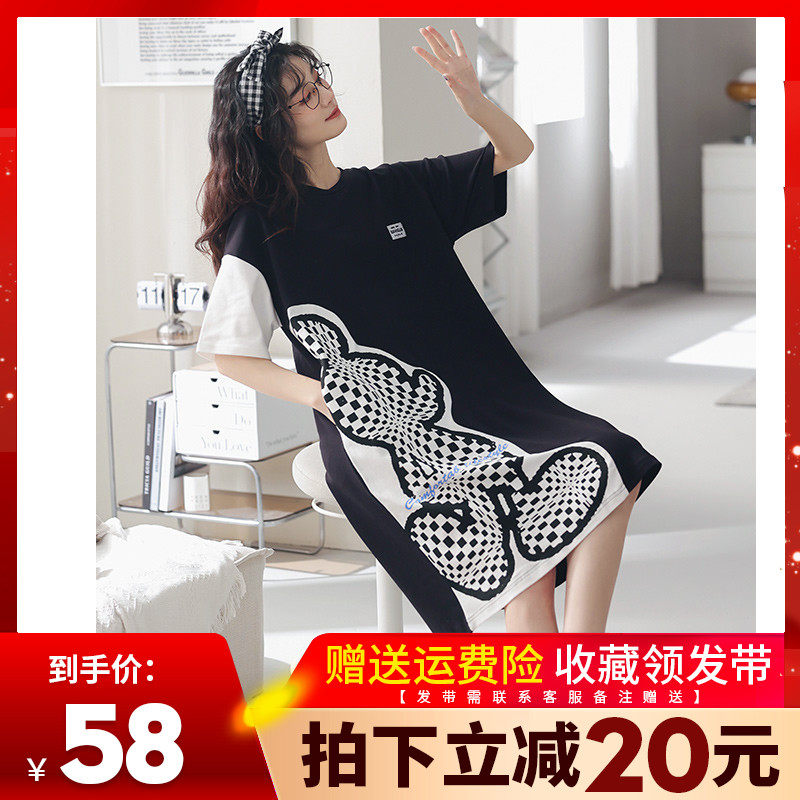 睡裙女夏季带胸垫纯棉睡衣2022年新款孕妇宽松中长款卡通短袖夏天