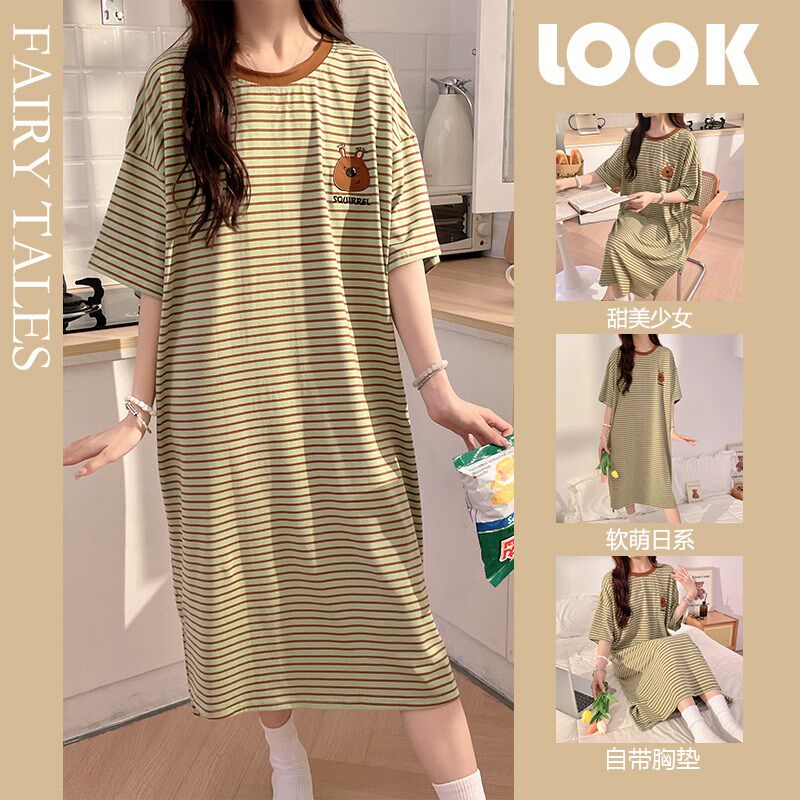 夏季女款纯棉短袖带胸垫睡裙大码200斤高级感条纹休闲可出门睡衣