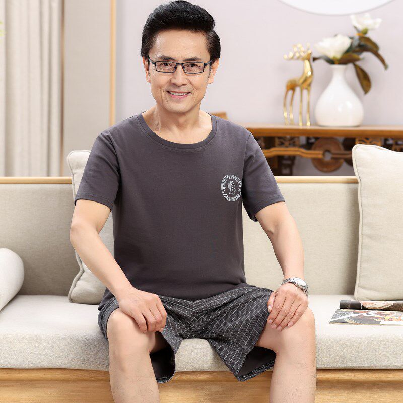 中年男士睡衣夏季薄款短袖短裤纯棉套头爸爸家居服夏天全棉加大码