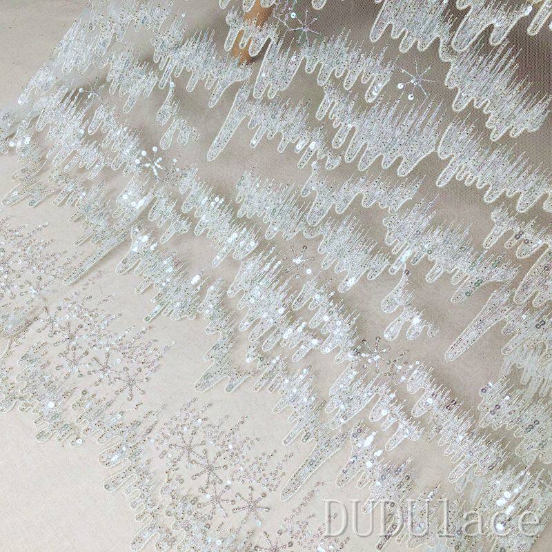 重工网纱刺绣蕾丝面料银白色钉珠亮片高档婚纱晚礼服旗袍定制布料