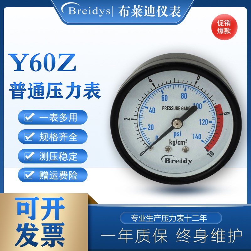 检测机压力表2分牙1/4压力表Y60Z轴向压力表气压表水压表0-1.6mpa