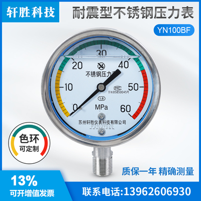 YN100BF 60MPa 带色环警示 抗震不锈钢压力表 耐震不锈钢压力表