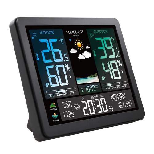 新款彩屏气站闹钟RNIPF湿传象感温度计天气预日报出日落气象钟