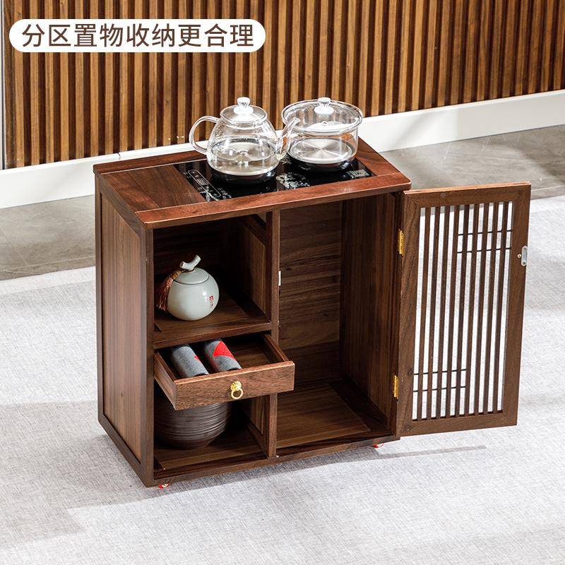 2I新台中式胡移烧桃木动茶APV家用实木茶水柜阳台带轮茶车水壶一