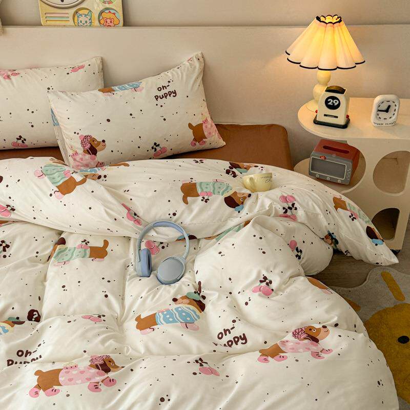 新通款冬20241026季卡印花洗棉水纯色双拼四件套床单款磨毛清新小