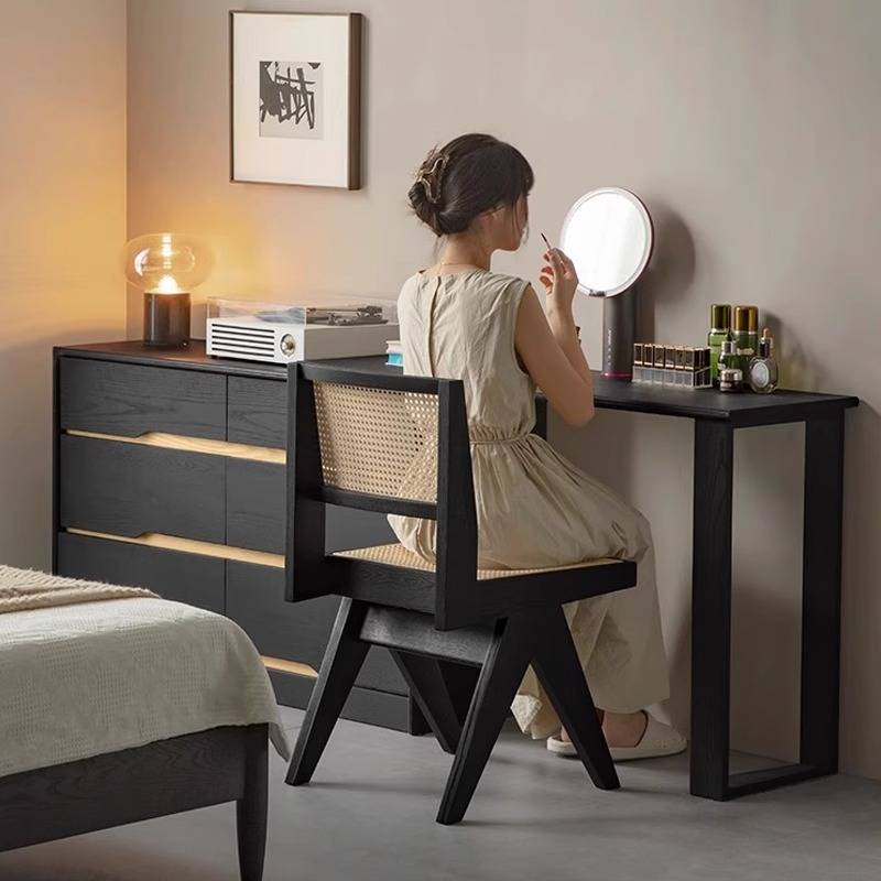 轻奢风可伸缩梳妆台斗柜书桌实木转角化妆桌黑色白蜡木卧室梳妆桌