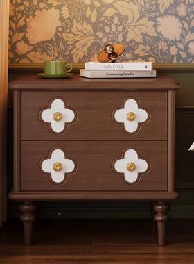 矮复古床头柜实小型收纳木DKY胡桃色中古风法式储物柜家用卧室床