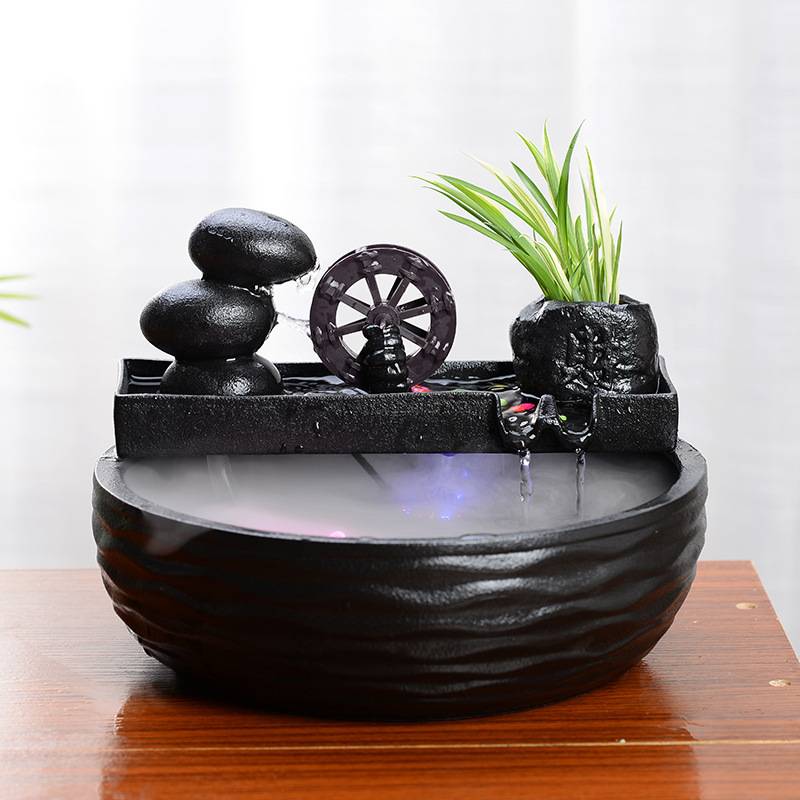 陶瓷流水喷泉摆件水车轮室内景观客厅办公桌招财鱼缸加湿装饰摆设