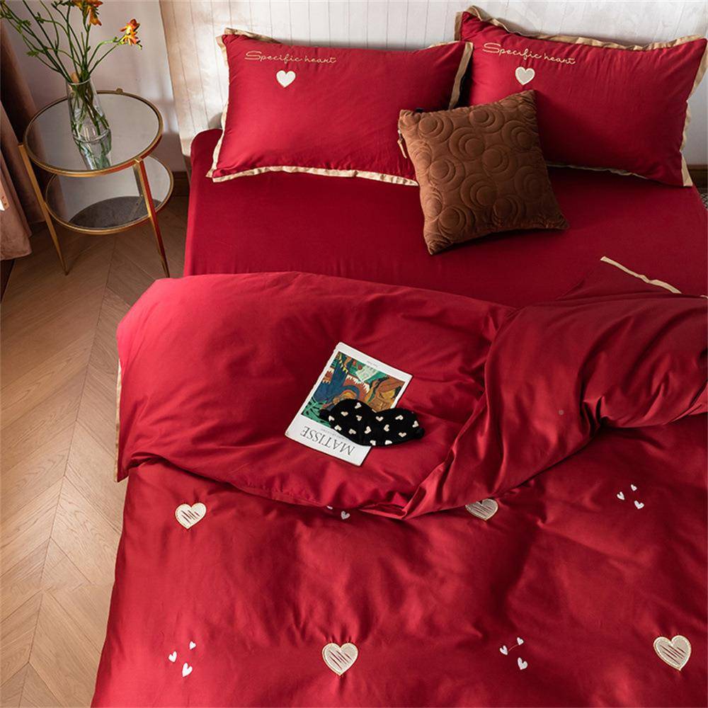 爱心刺绣双结婚庆红色纯棉品60GJB支长绒棉四件套1床.婚8m人新套