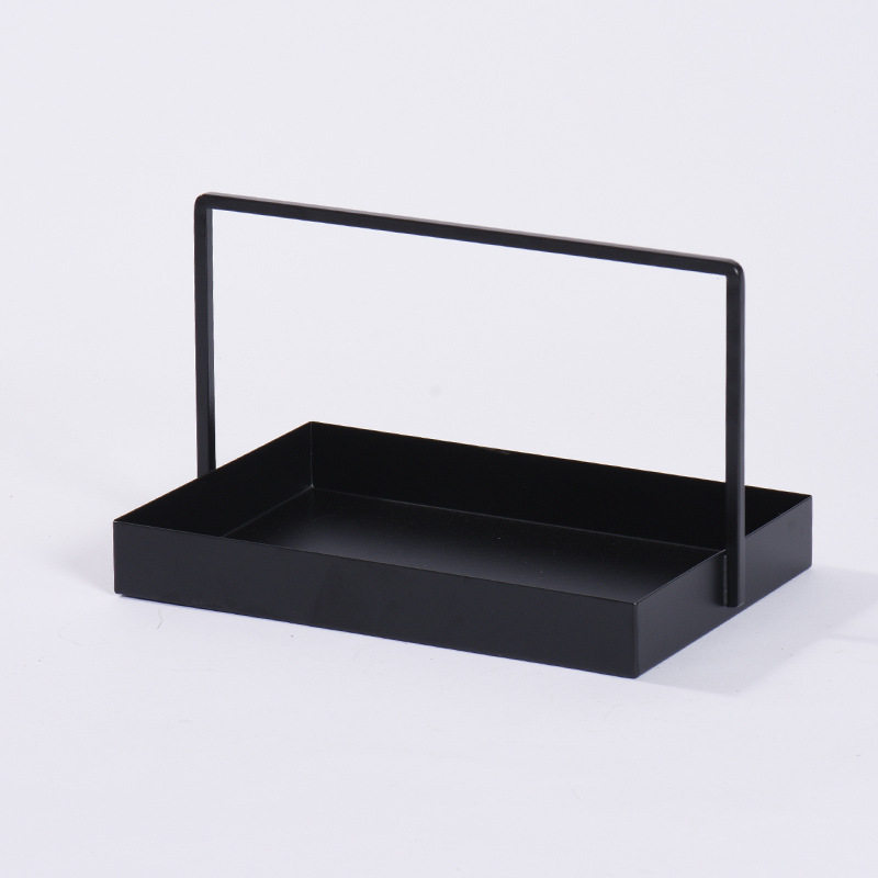 新中式铁艺提篮样板间软装现代托盘酒店创意黑色铁艺茶托饰品摆件