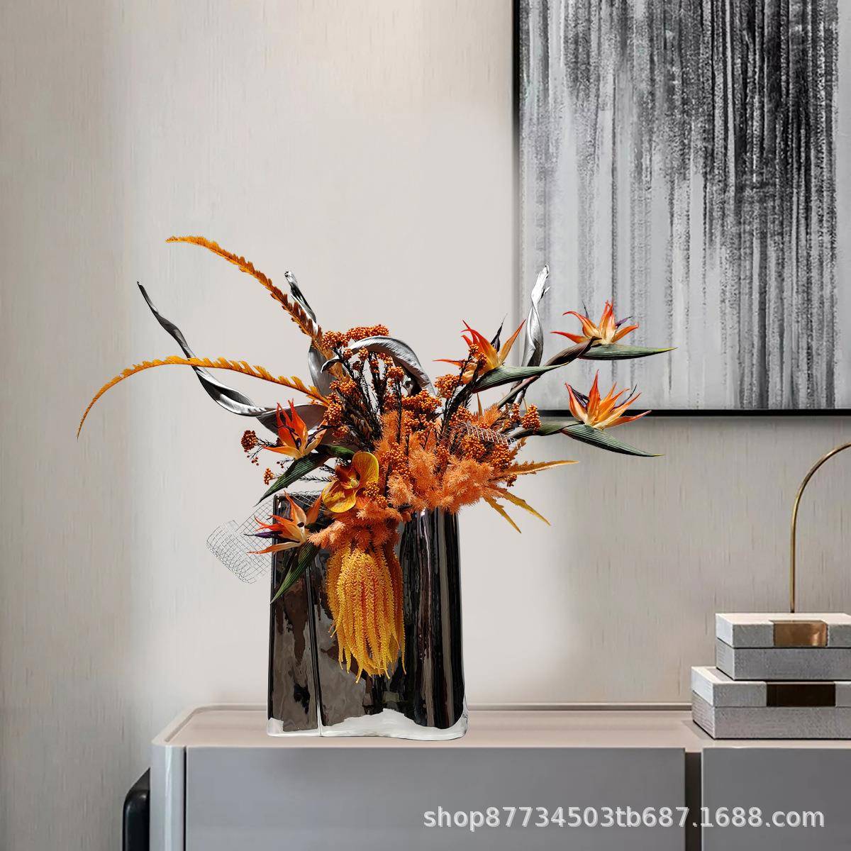 现代轻极简仿摆真花艺高端插花样板间客装厅奢茶几售楼处软GFT饰