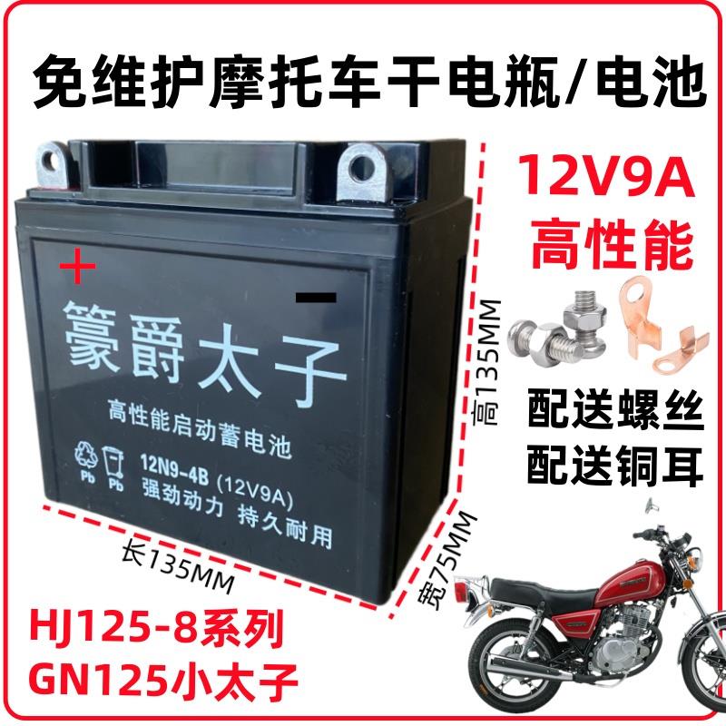 125摩托车电瓶12V9Ah钻豹豪爵太子跨骑车通用12v蓄电池12N9-4B-1
