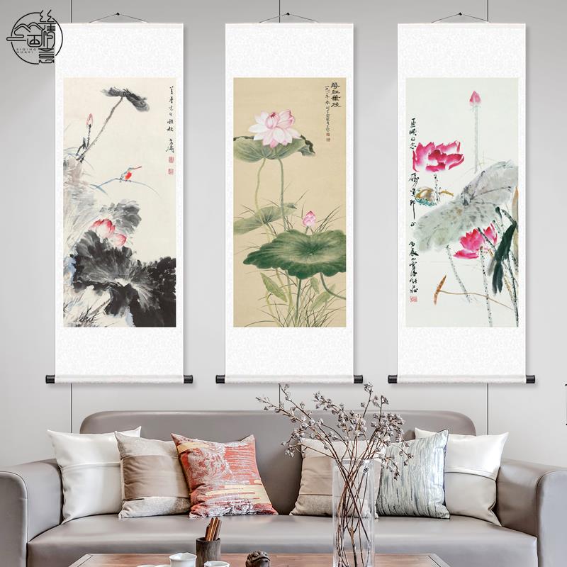 手绘荷塘清趣高雅荷花水墨国画 画新中式古典横幅客厅背景墙油画