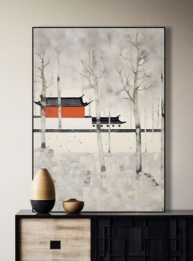 寒山寺侘寂风客厅装饰画新中式建筑酒店J样板间软装壁画黑白橙艺