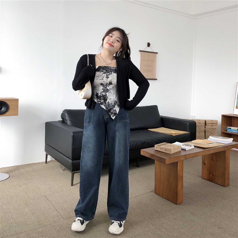 阔腿牛仔裤子女大口袋设计高腰显瘦直筒裤秋季新款胖妹妹宽松长裤